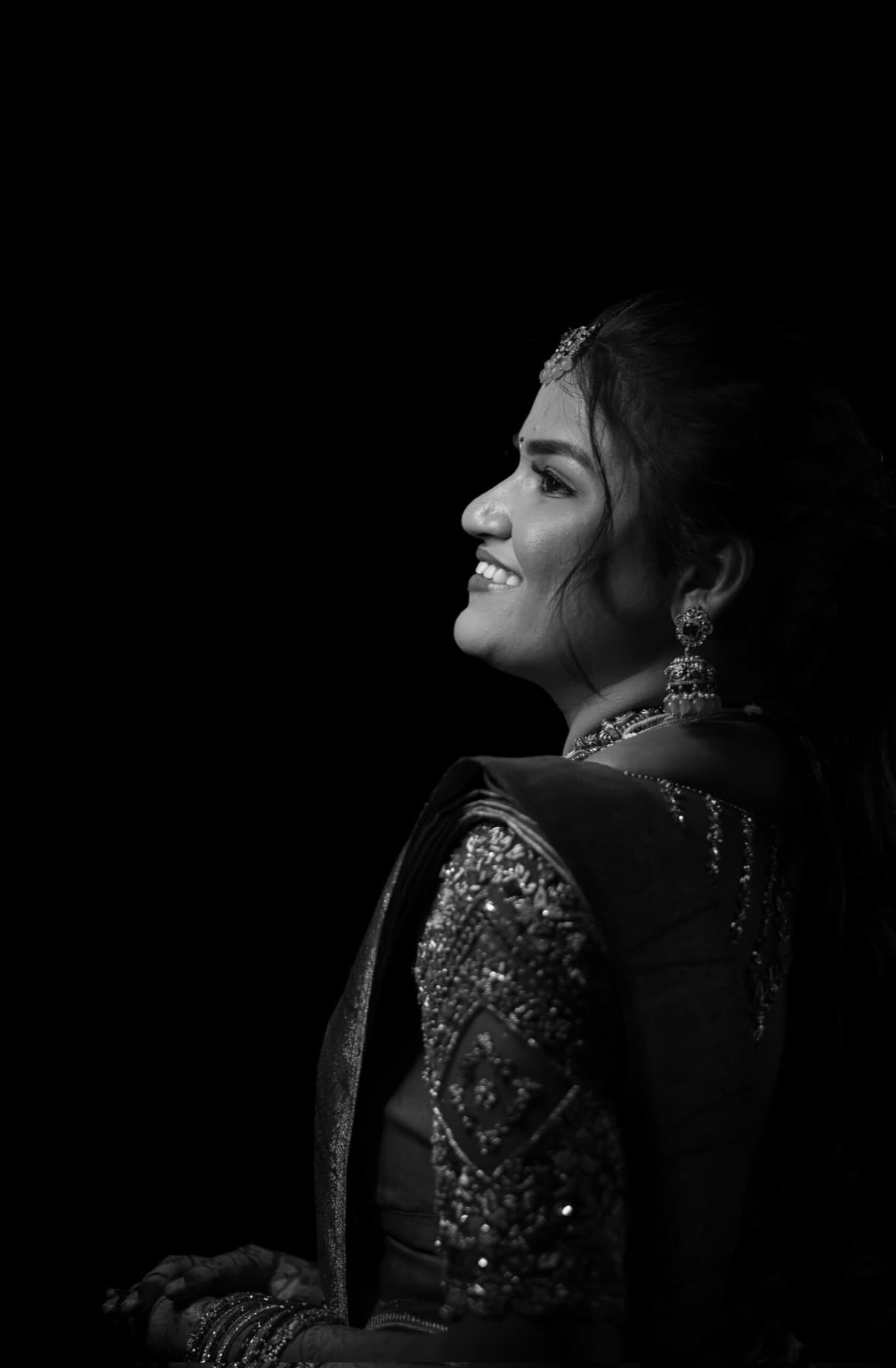 Black and white bridal portrait in profile