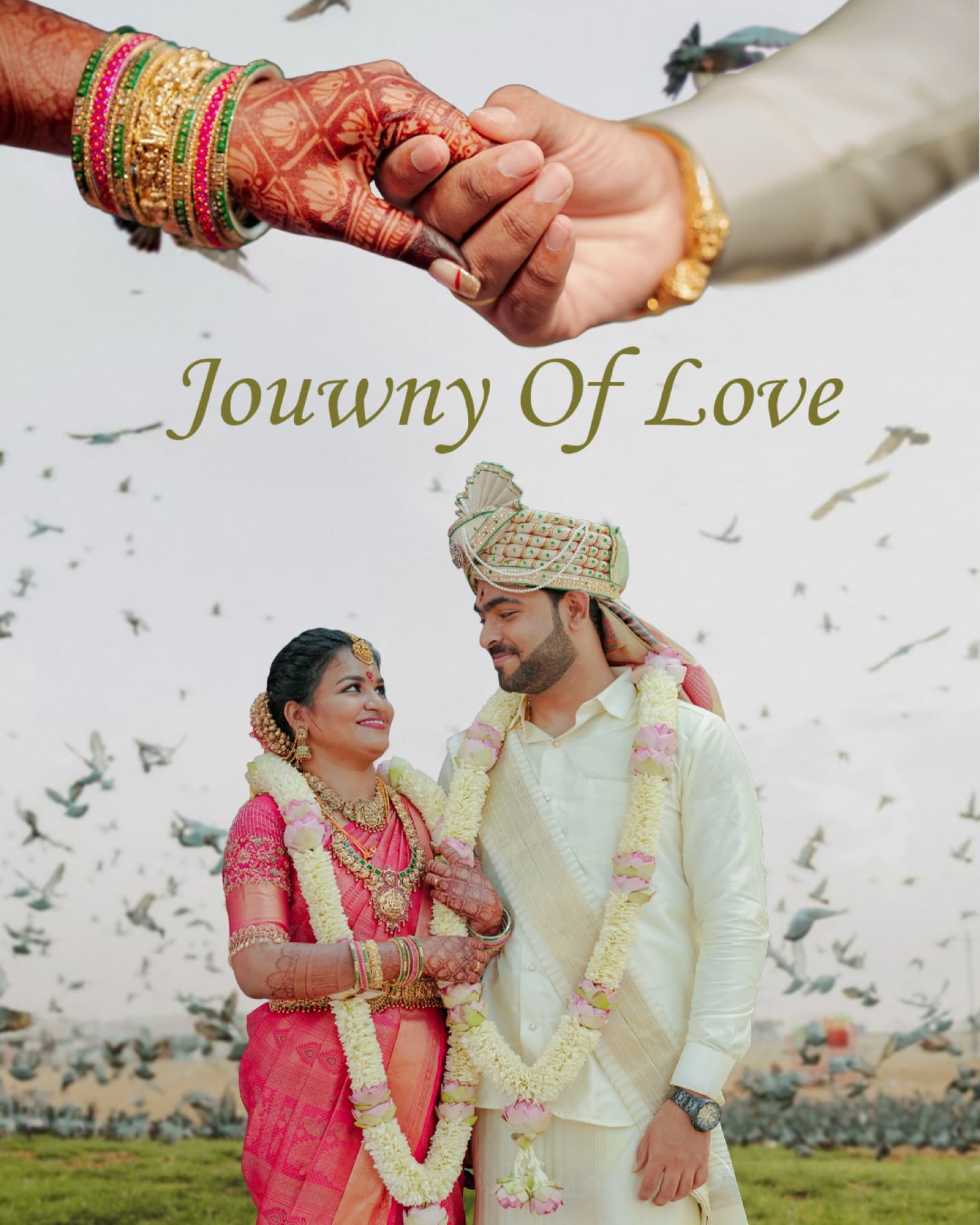 Journey of Love wedding poster with the couple in garlands