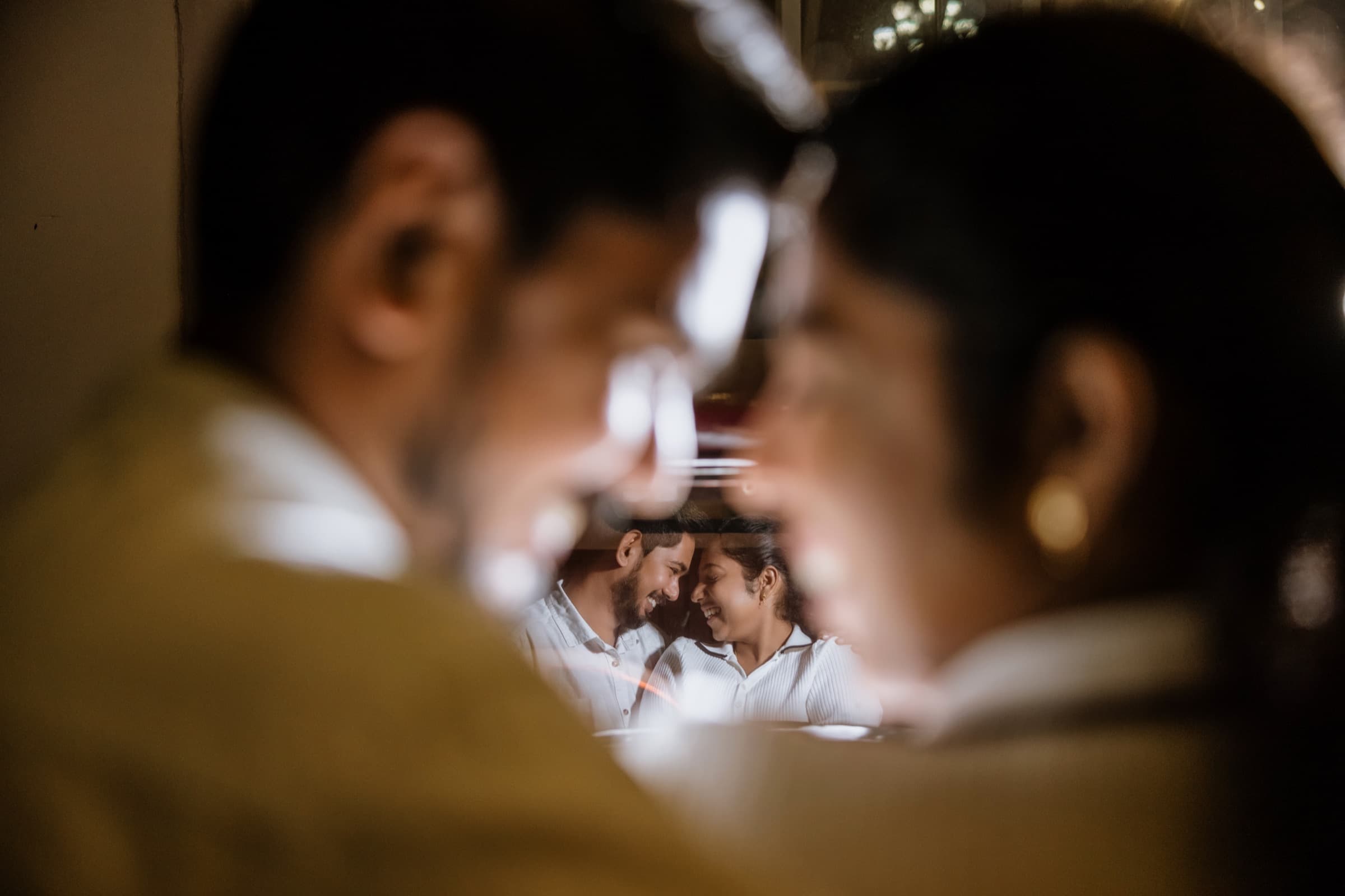 Cinematic close-up of a couple in warm light