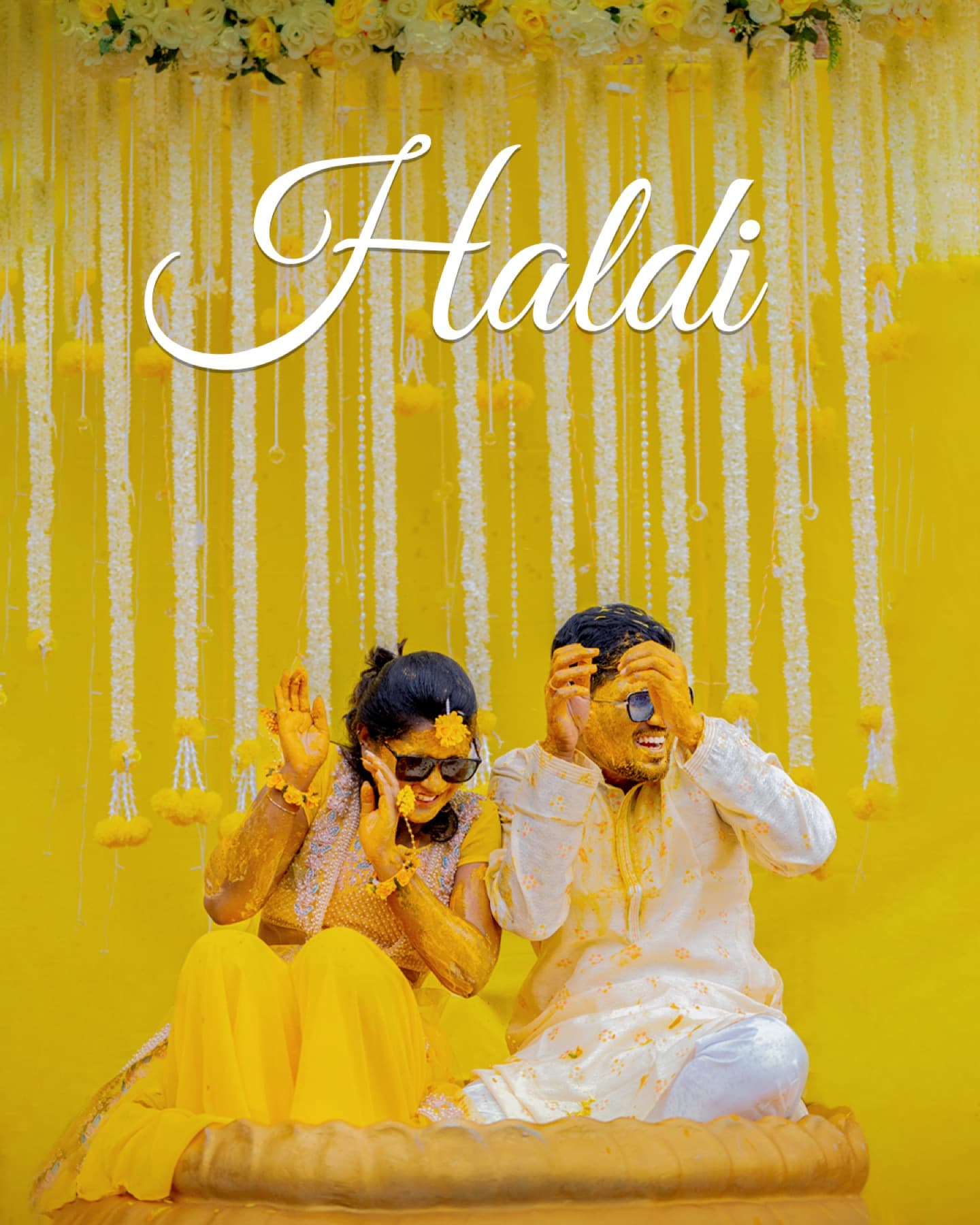 Couple celebrating their Haldi ceremony with turmeric